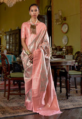 Peach Brocade Tissue Kanjivaram Silk Saree With Blouse Piece - Adi Akshoy & Co.