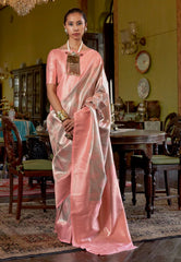 Peach Brocade Tissue Kanjivaram Silk Saree With Blouse Piece - Adi Akshoy & Co.