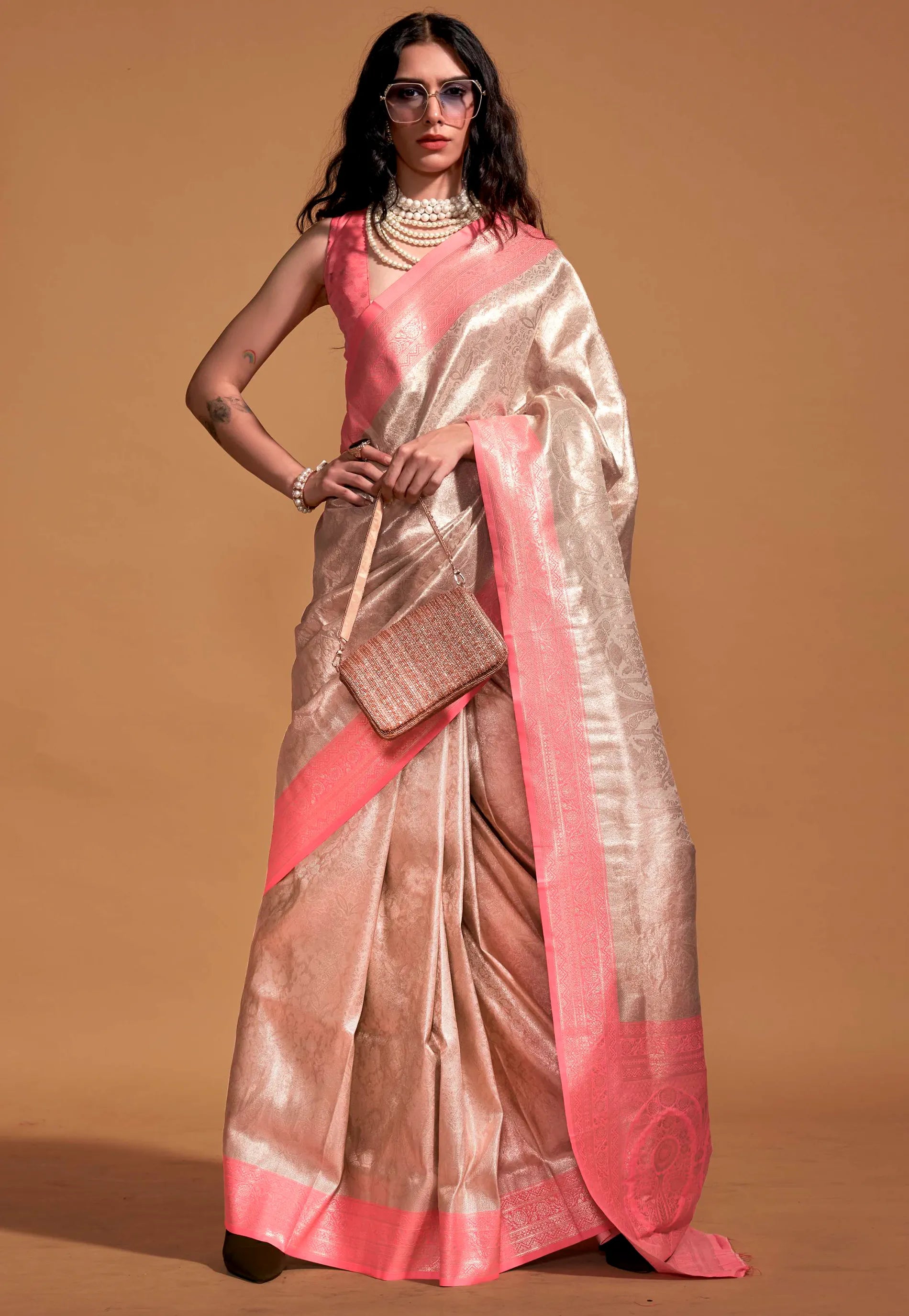 Peach Brocade Tissue Kanjivaram Silk Saree With Blouse Piece - Adi Akshoy & Co.