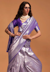 Purple with Silver Zari work Tissue Kanjivaram Silk Saree with Blouse Piece - Adi Akshoy & Co.