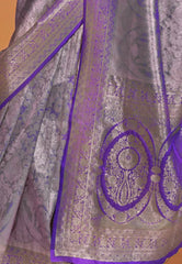 Purple with Silver Zari work Tissue Kanjivaram Silk Saree with Blouse Piece - Adi Akshoy & Co.