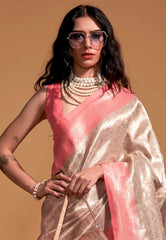 Peach Brocade Tissue Kanjivaram Silk Saree With Blouse Piece - Adi Akshoy & Co.