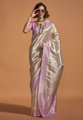 Light Purple with Silver Zari work Tissue Kanjivaram Silk Saree with Blouse Piece - Adi Akshoy & Co.