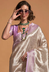 Light Purple with Silver Zari work Tissue Kanjivaram Silk Saree with Blouse Piece - Adi Akshoy & Co.