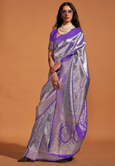 Purple with Silver Zari work Tissue Kanjivaram Silk Saree with Blouse Piece - Adi Akshoy & Co.
