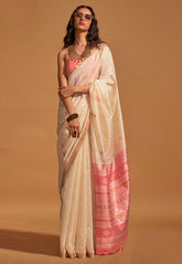 Cream Tussar Silk Saree with Blouse Piece - Adi Akshoy & Co.