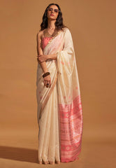 Cream Tussar Silk Saree with Blouse Piece - Adi Akshoy & Co.