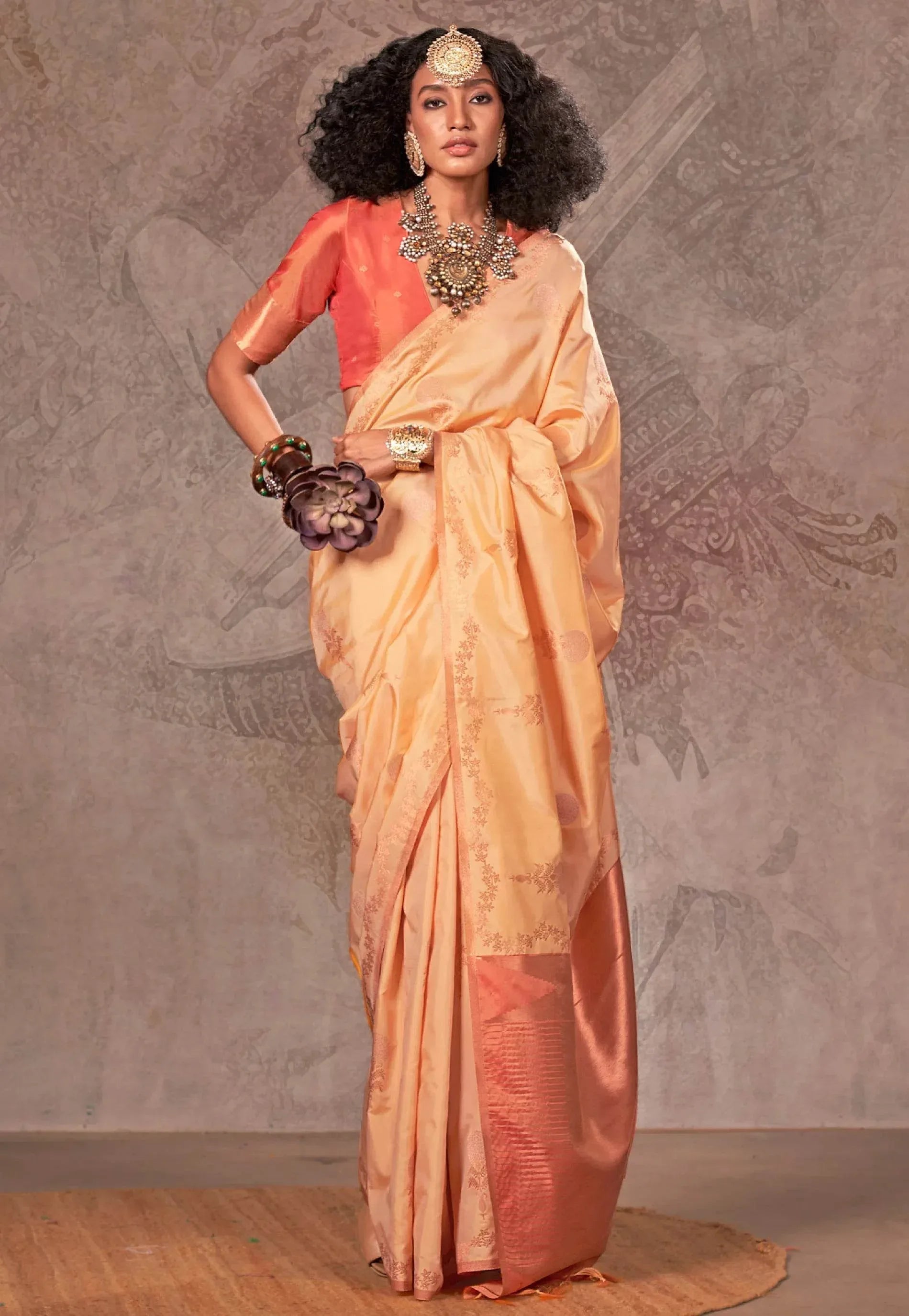 Light Yellow Katan Silk Saree With Blouse Piece - Adi Akshoy & Co.