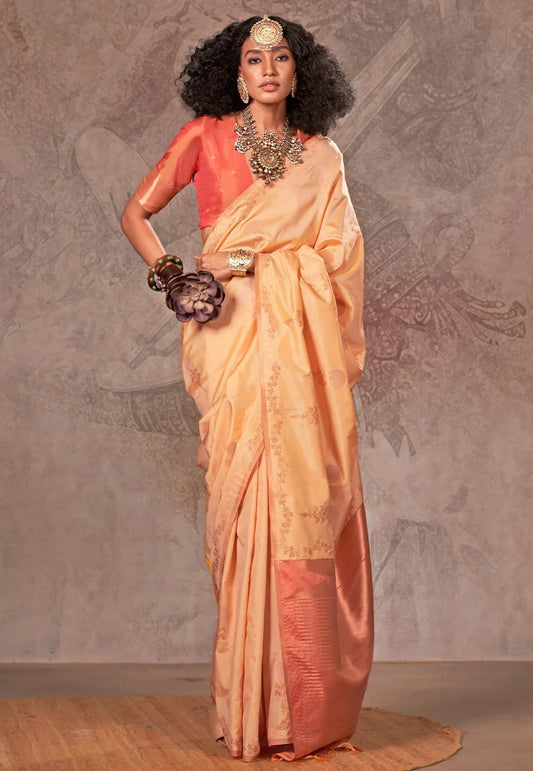Light Yellow Katan Silk Saree With Blouse Piece - Adi Akshoy & Co.