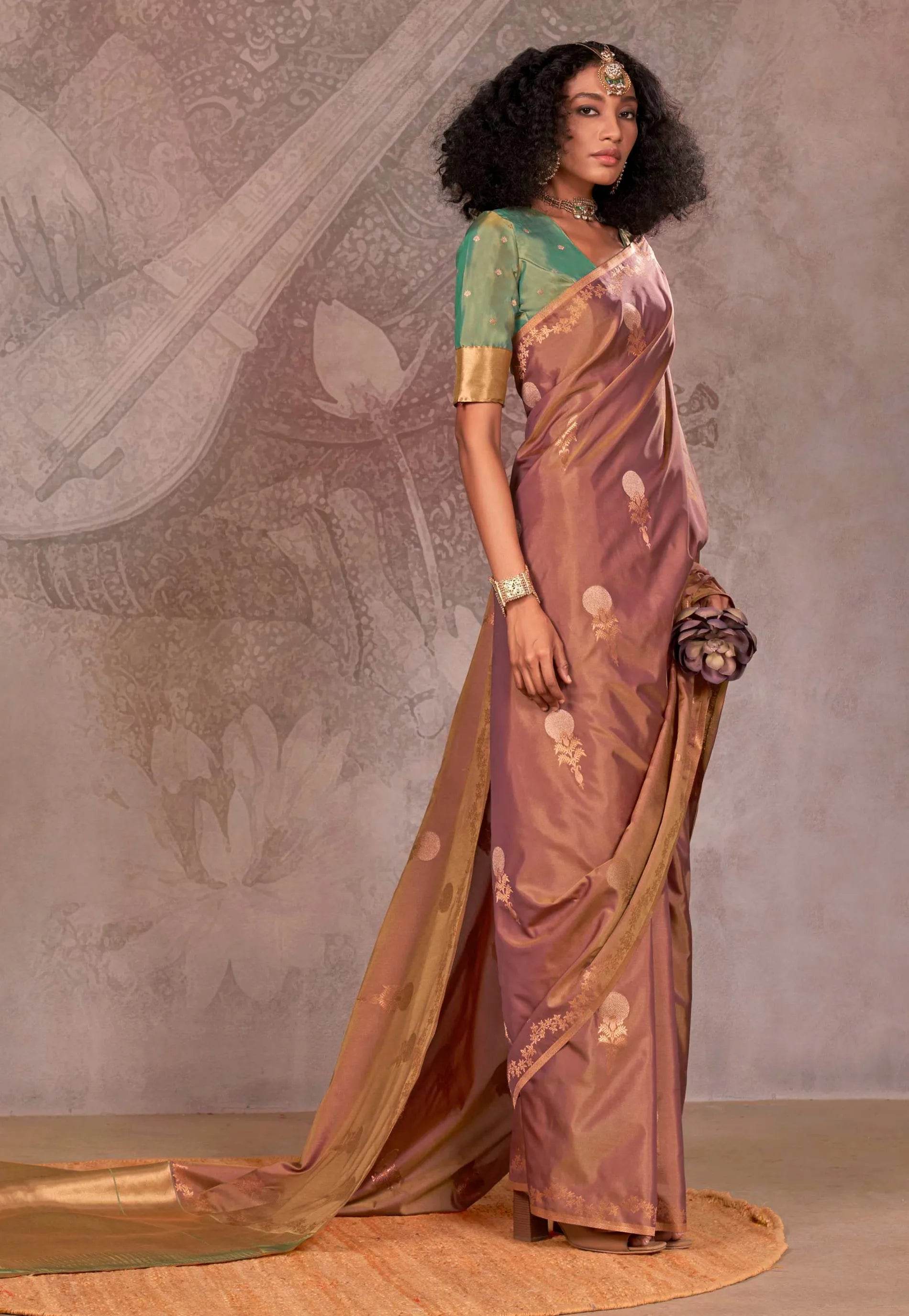 Cross Brown Katan Silk Saree With Blouse Piece - Adi Akshoy & Co.