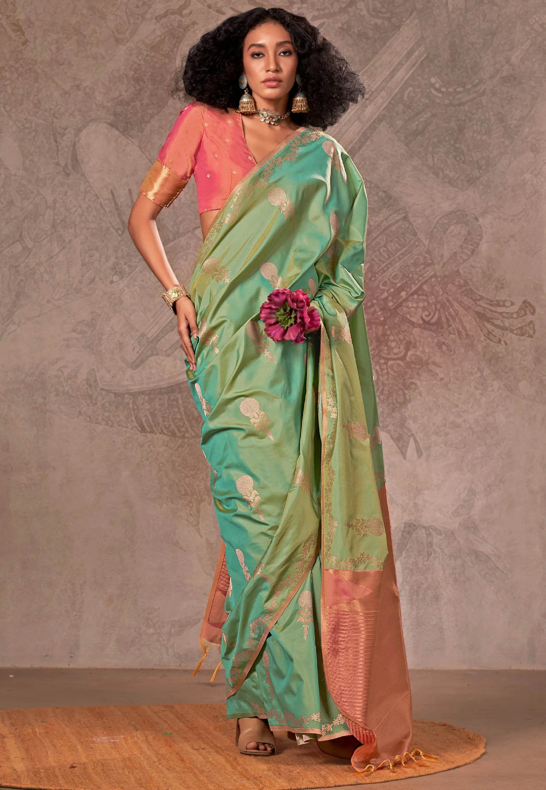 Cross Green Katan Silk Saree With Blouse Piece - Adi Akshoy & Co.