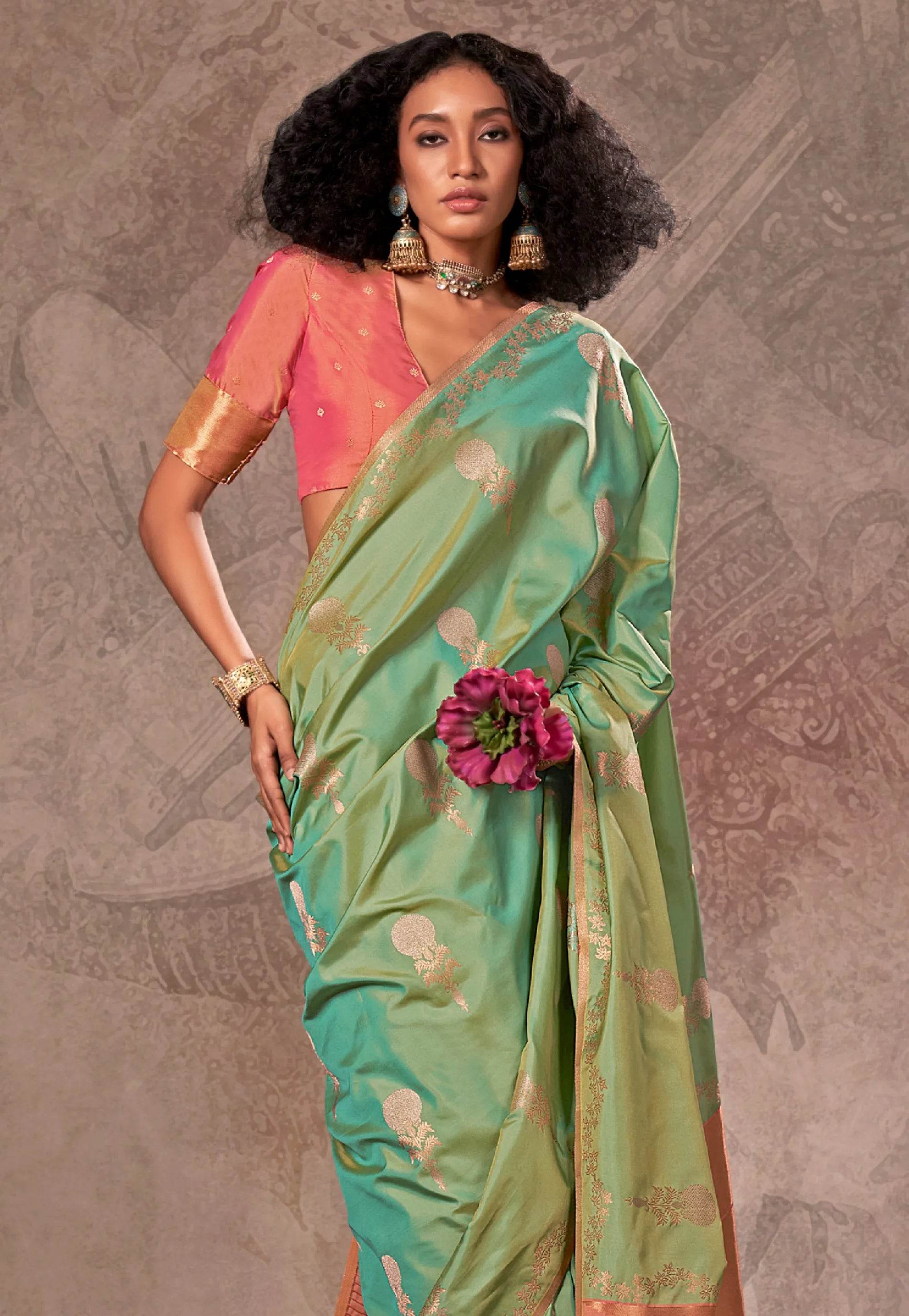 Cross Green Katan Silk Saree With Blouse Piece - Adi Akshoy & Co.