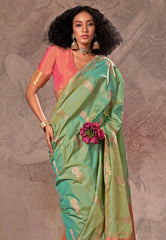 Cross Green Katan Silk Saree With Blouse Piece - Adi Akshoy & Co.