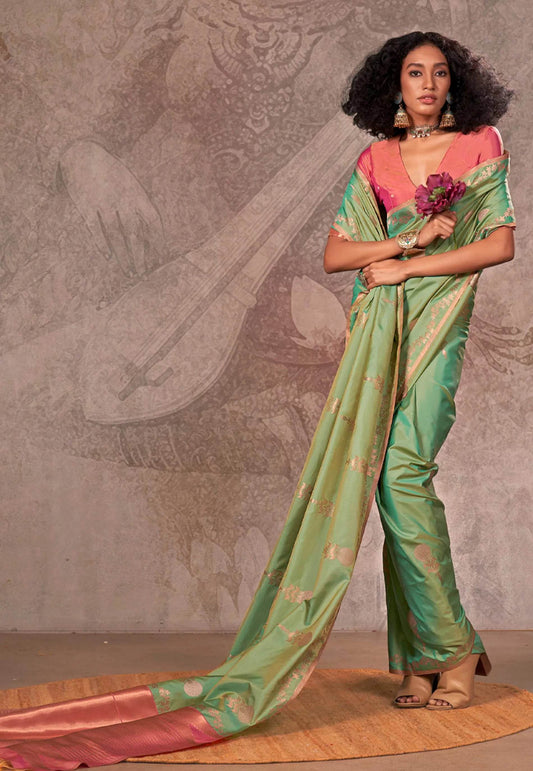 Cross Green Katan Silk Saree With Blouse Piece - Adi Akshoy & Co.