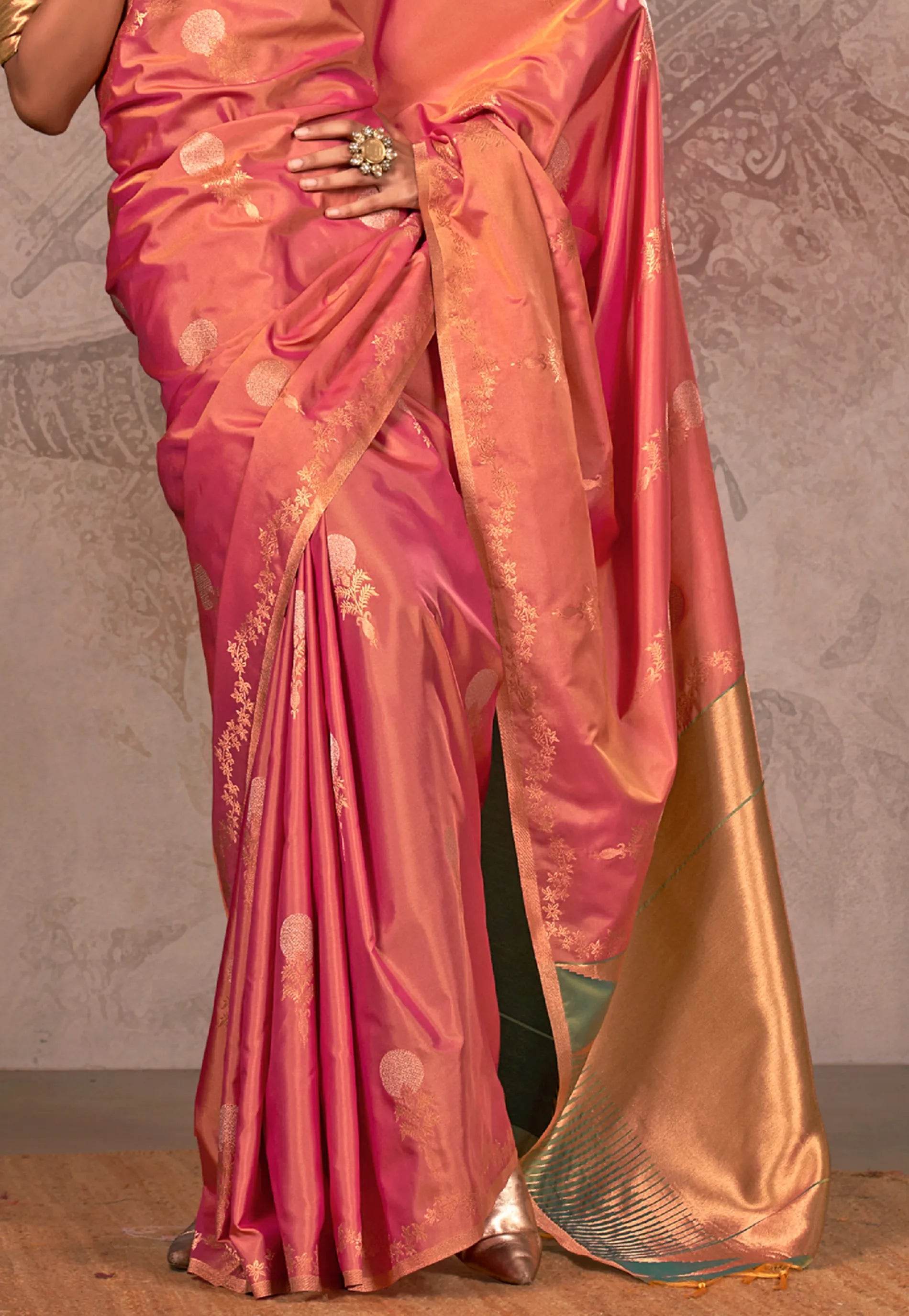 Cross Pink Katan Silk Saree With Blouse Piece - Adi Akshoy & Co.