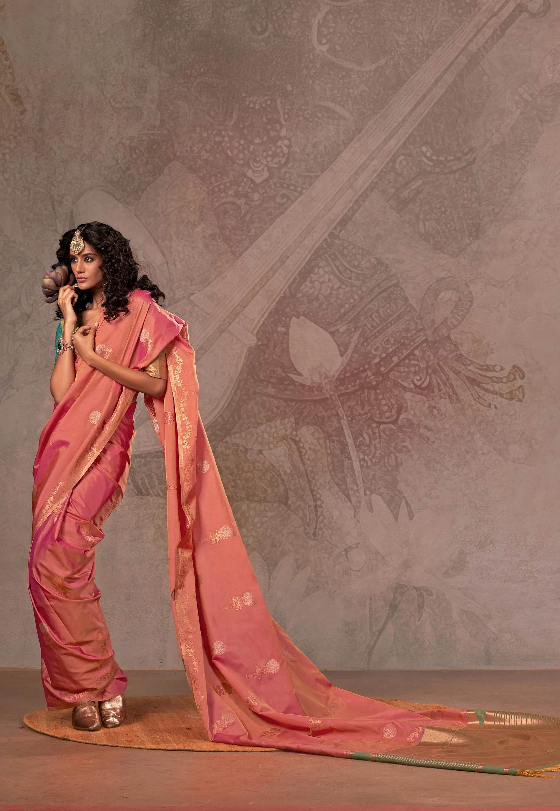 Cross Pink Katan Silk Saree With Blouse Piece - Adi Akshoy & Co.