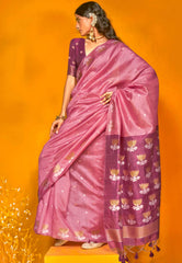 Strawberry Pink Tussar Silk Saree with Blouse Piece - Adi Akshoy & Co.