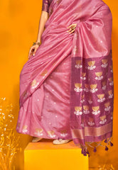 Strawberry Pink Tussar Silk Saree with Blouse Piece - Adi Akshoy & Co.