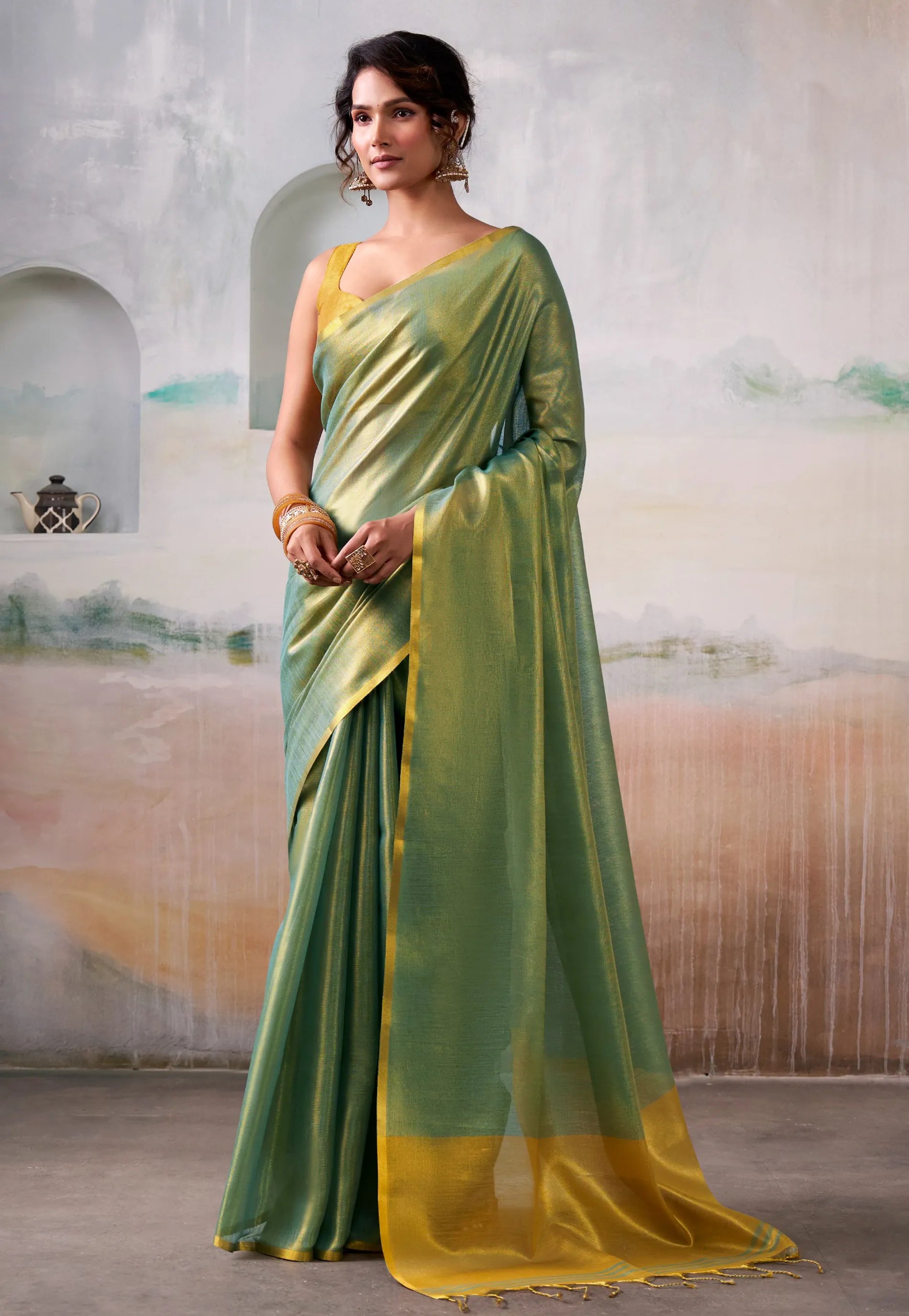 Green Tissue Silk Saree with Blouse Piece – Adi Akshoy & Co.