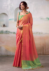 Cross Golden Pink Tissue Silk Saree with Blouse Piece