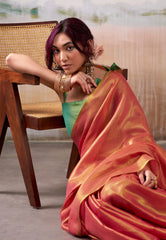 Cross Golden Pink Tissue Silk Saree with Blouse Piece