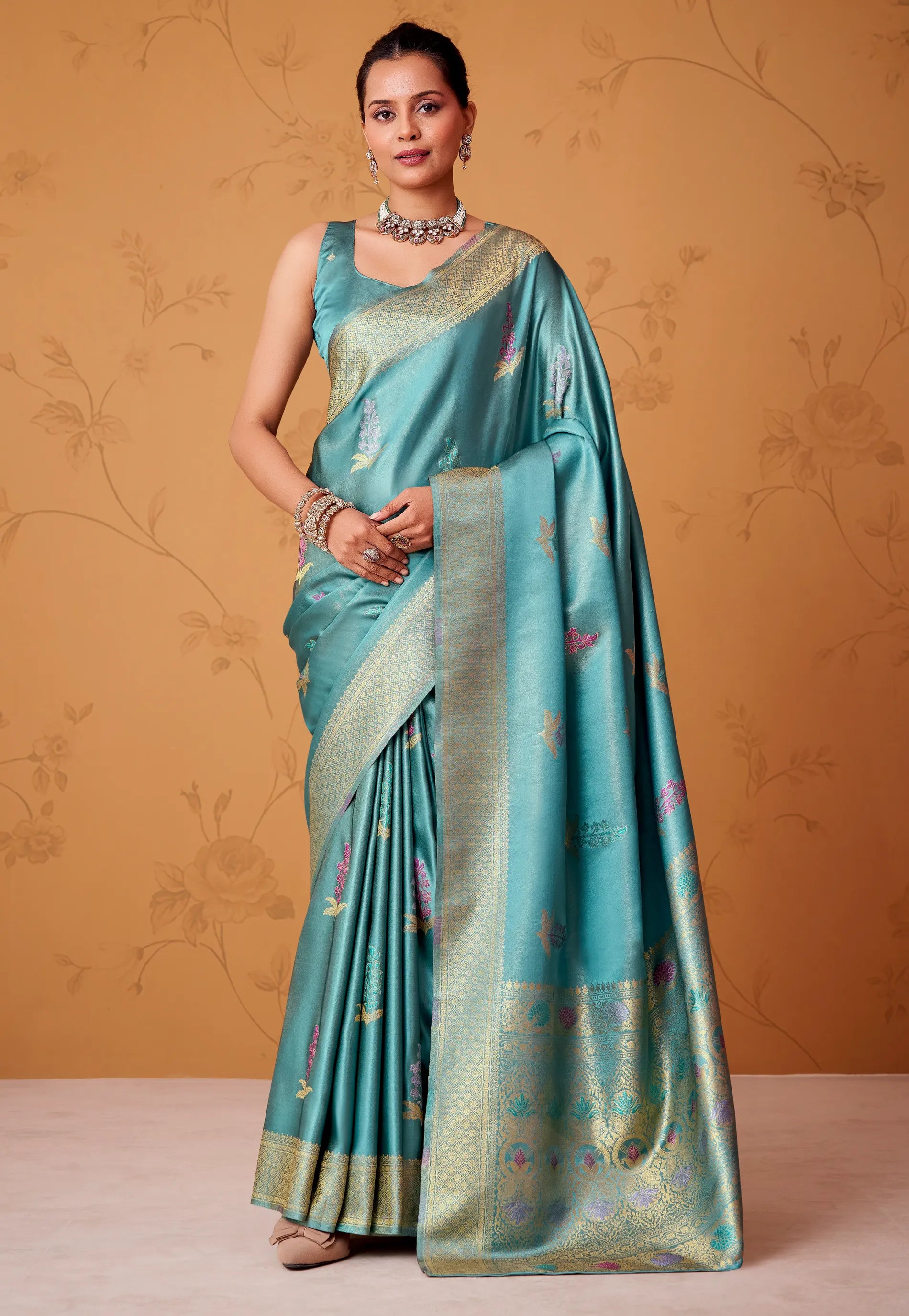 Cross Sea Blue Tissue Silk Saree with Blouse Piece - Adi Akshoy & Co.