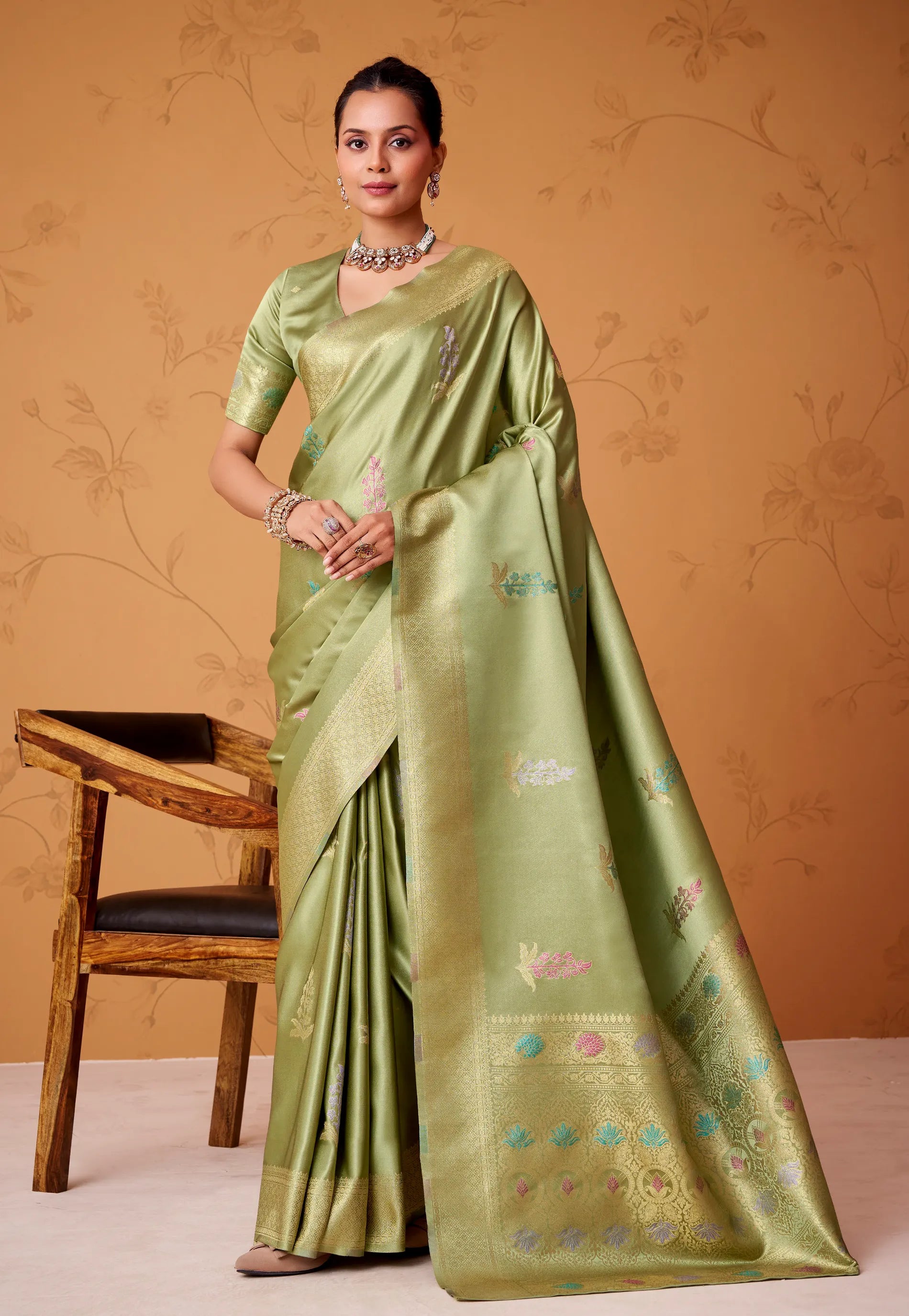Cross Green Tissue Silk Saree with Blouse Piece - Adi Akshoy & Co.