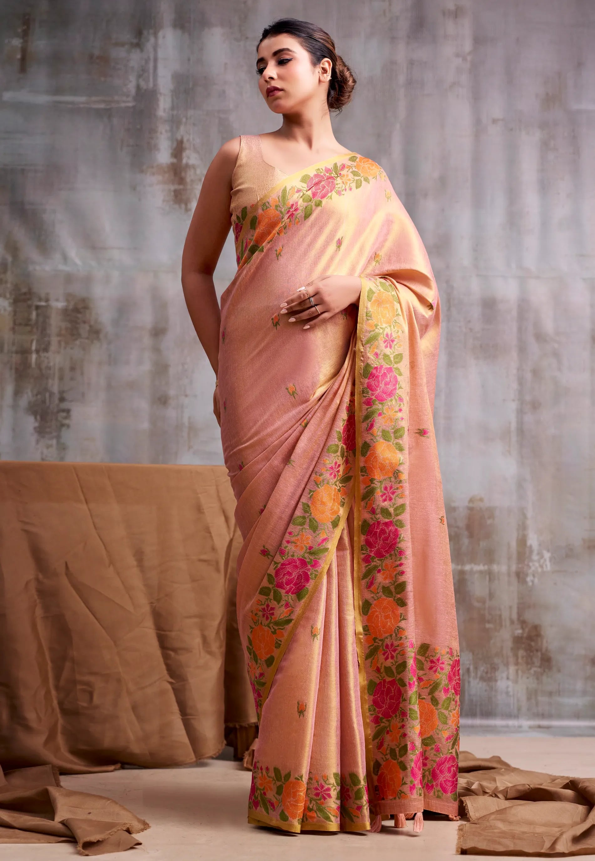 Cross Pink Tissue Silk Saree with Blouse Piece – Adi Akshoy & Co.