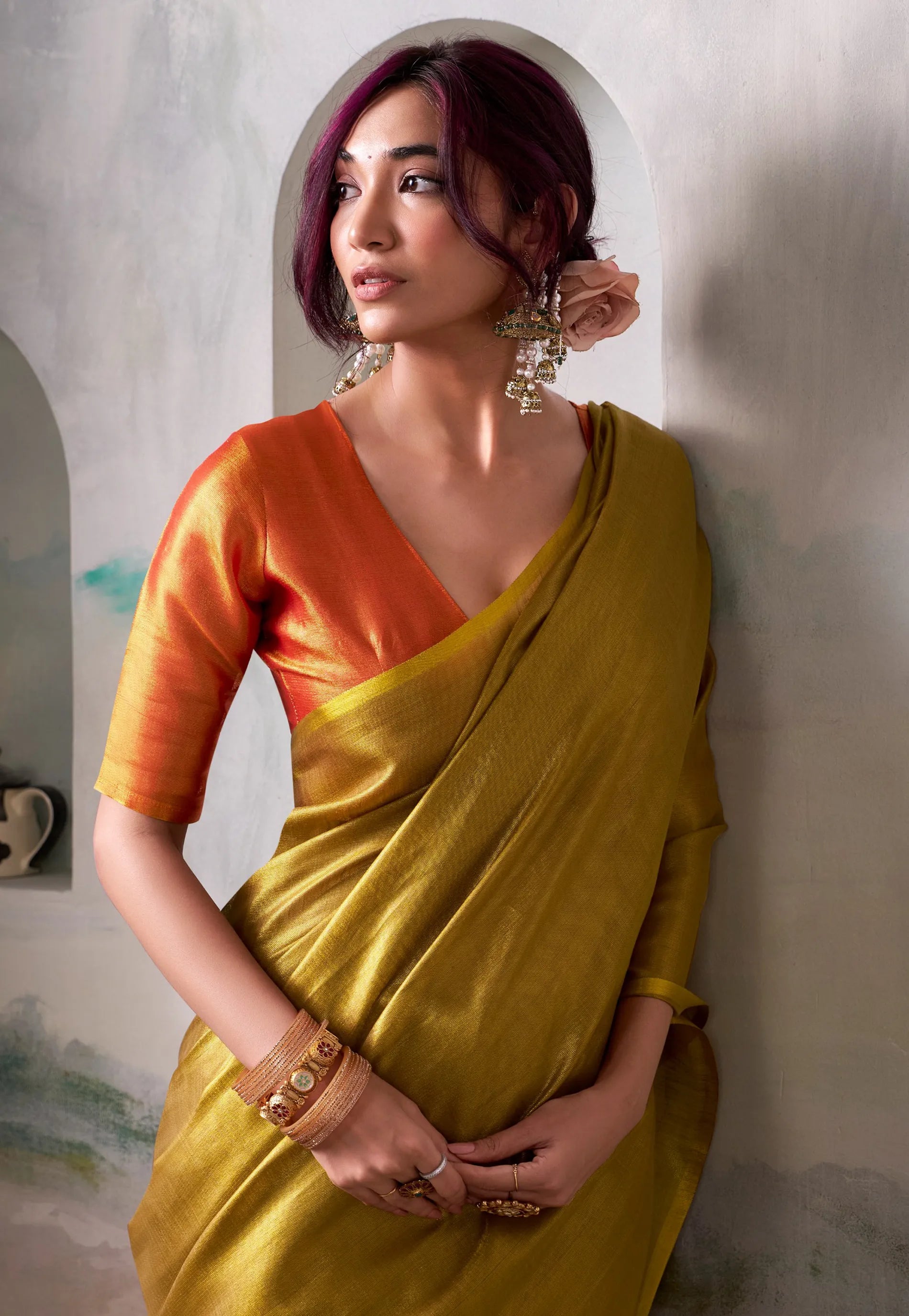 Cross Golden Yellow Tissue Silk Saree with Blouse Piece – Adi Akshoy & Co.