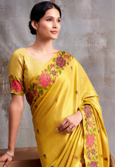 Golden Yellow Tissue Silk Saree with Blouse Piece – Adi Akshoy & Co.