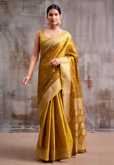 Golden Mustard Yellow Tissue Silk Saree with Blouse Piece – Adi Akshoy & Co.