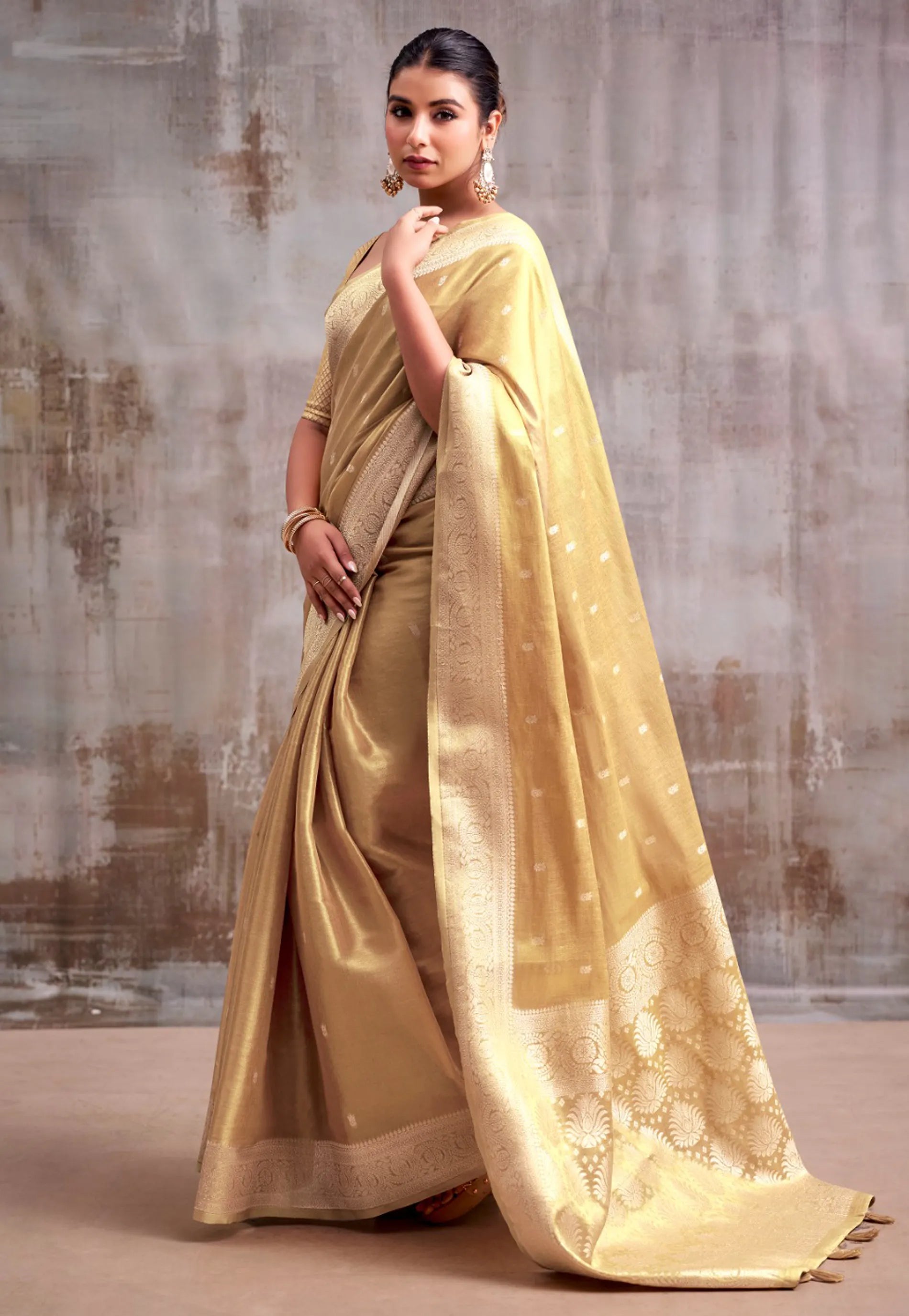 Golden Mustard Light Yellow Tissue Silk Saree with Blouse Piece – Adi Akshoy & Co.