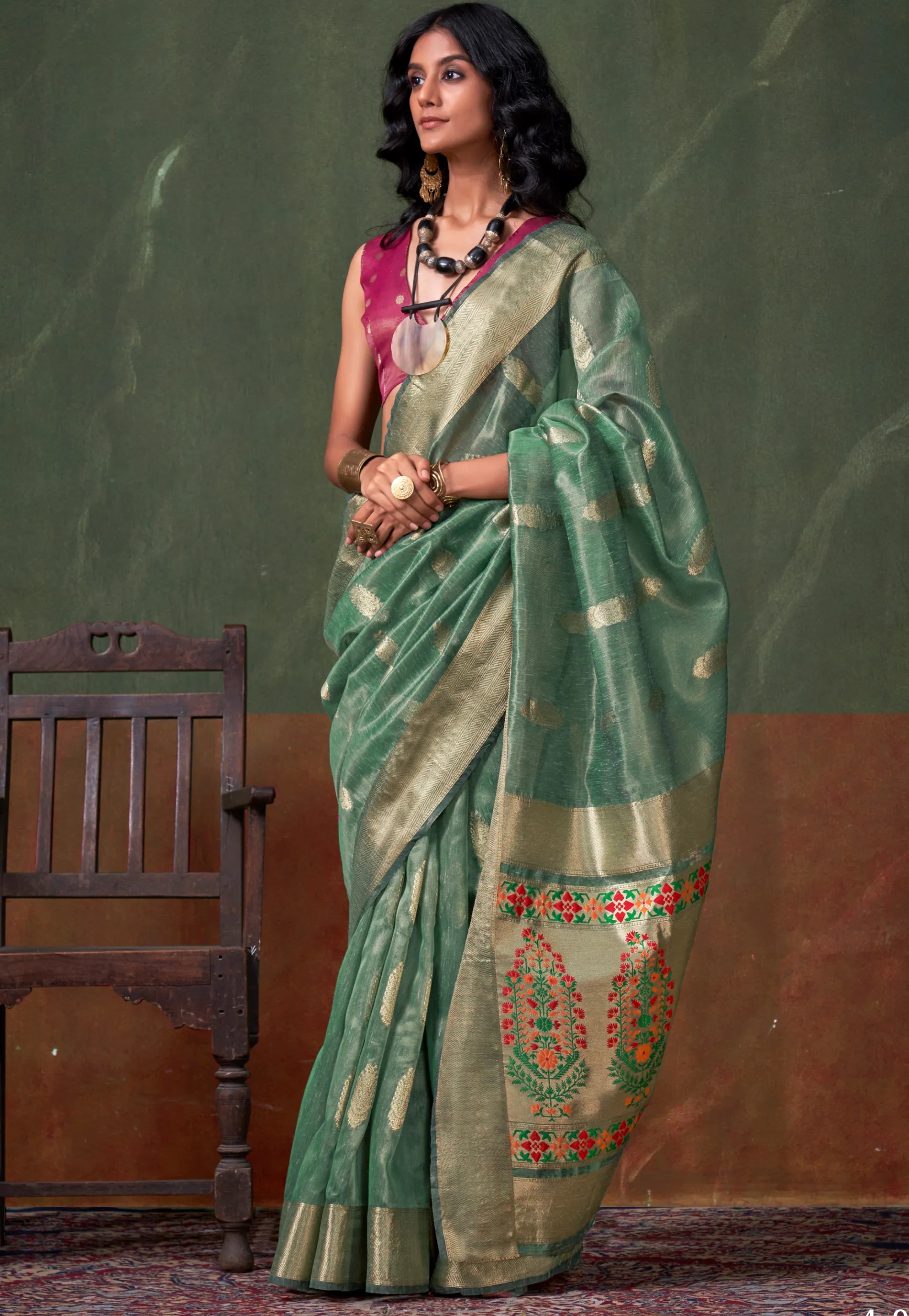 Green Tussar with Zari Tissue Silk Saree with Blouse Piece - Adi Akshoy & Co.