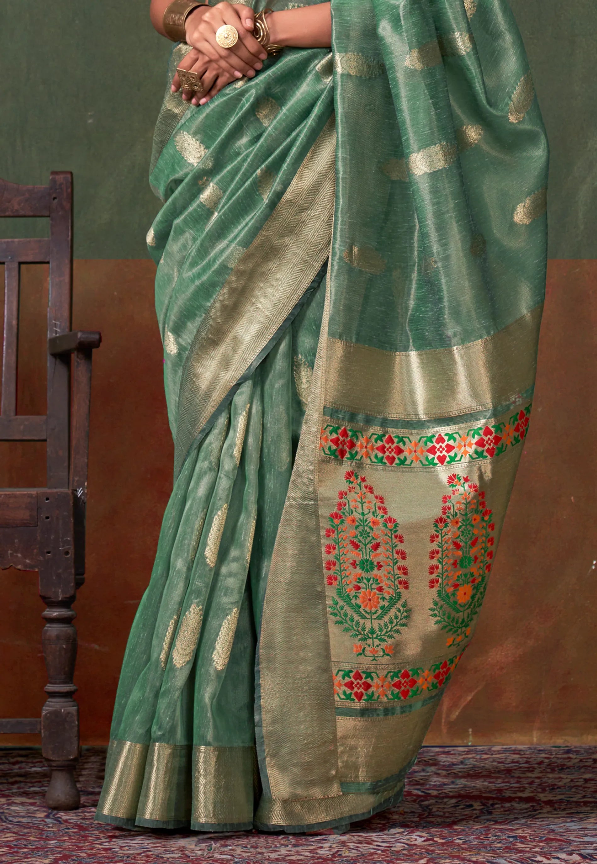 Green Tussar with Zari Tissue Silk Saree with Blouse Piece - Adi Akshoy & Co.