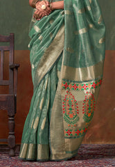 Green Tussar with Zari Tissue Silk Saree with Blouse Piece - Adi Akshoy & Co.