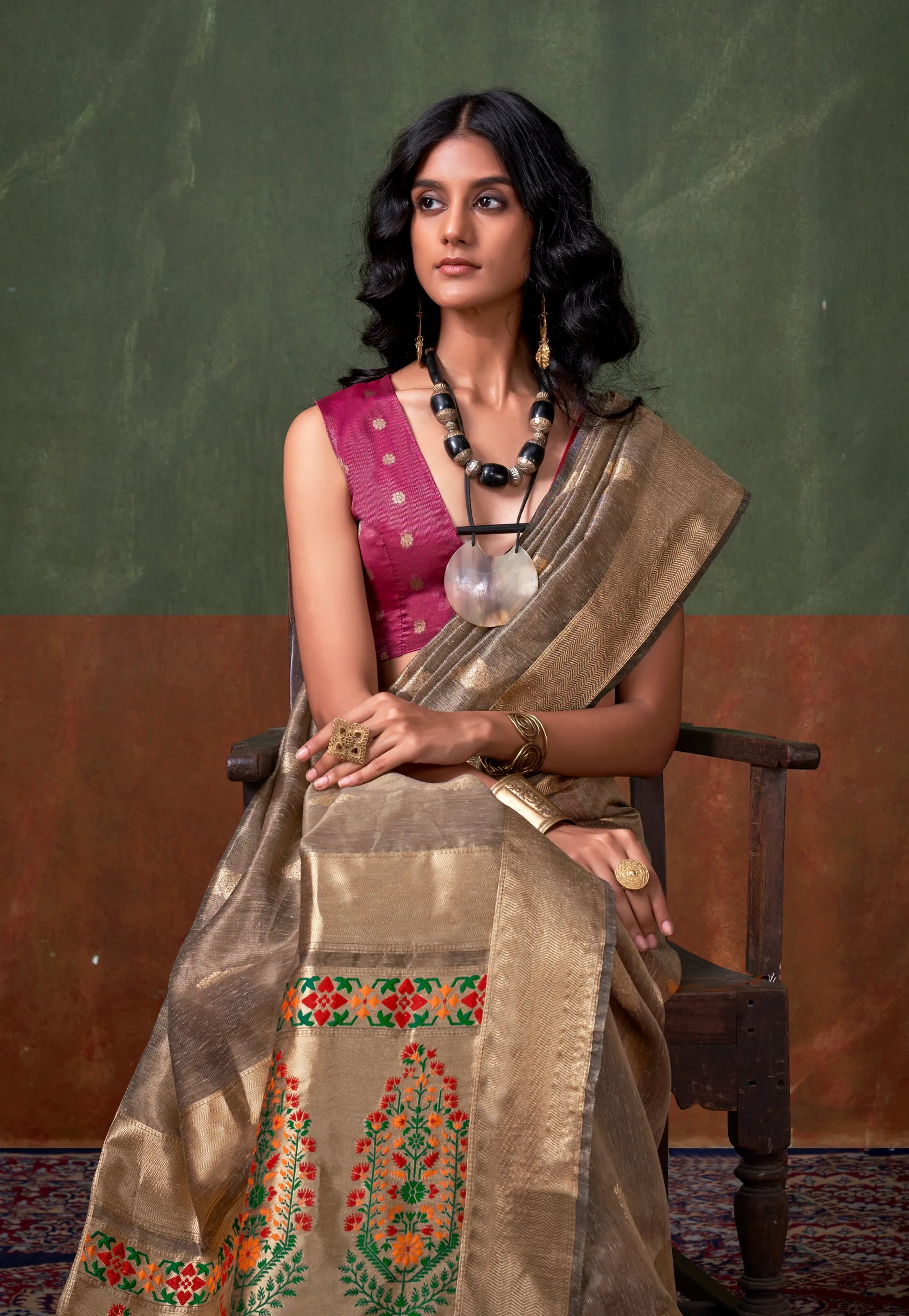 Grey Tussar with Zari Tissue Silk Saree with Blouse Piece - Adi Akshoy & Co.