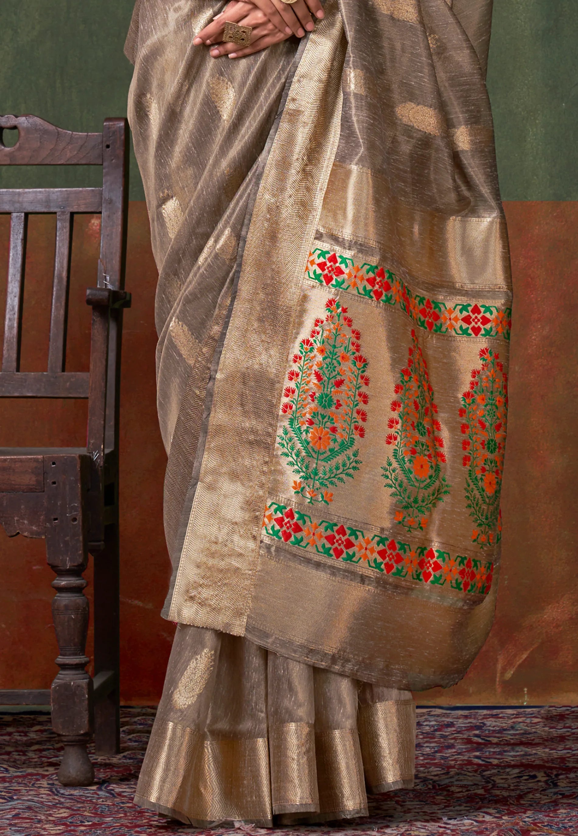 Grey Tussar with Zari Tissue Silk Saree with Blouse Piece - Adi Akshoy & Co.