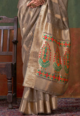 Grey Tussar with Zari Tissue Silk Saree with Blouse Piece - Adi Akshoy & Co.