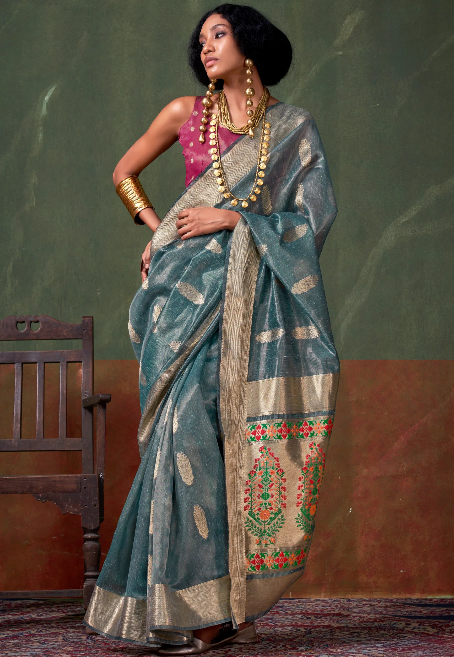 Bottle Green Tussar with Zari Tissue Silk Saree with Blouse Piece - Adi Akshoy & Co.