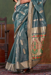 Bottle Green Tussar with Zari Tissue Silk Saree with Blouse Piece - Adi Akshoy & Co.