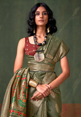 Pista Green Tussar with Zari Tissue Silk Saree with Blouse Piece - Adi Akshoy & Co.