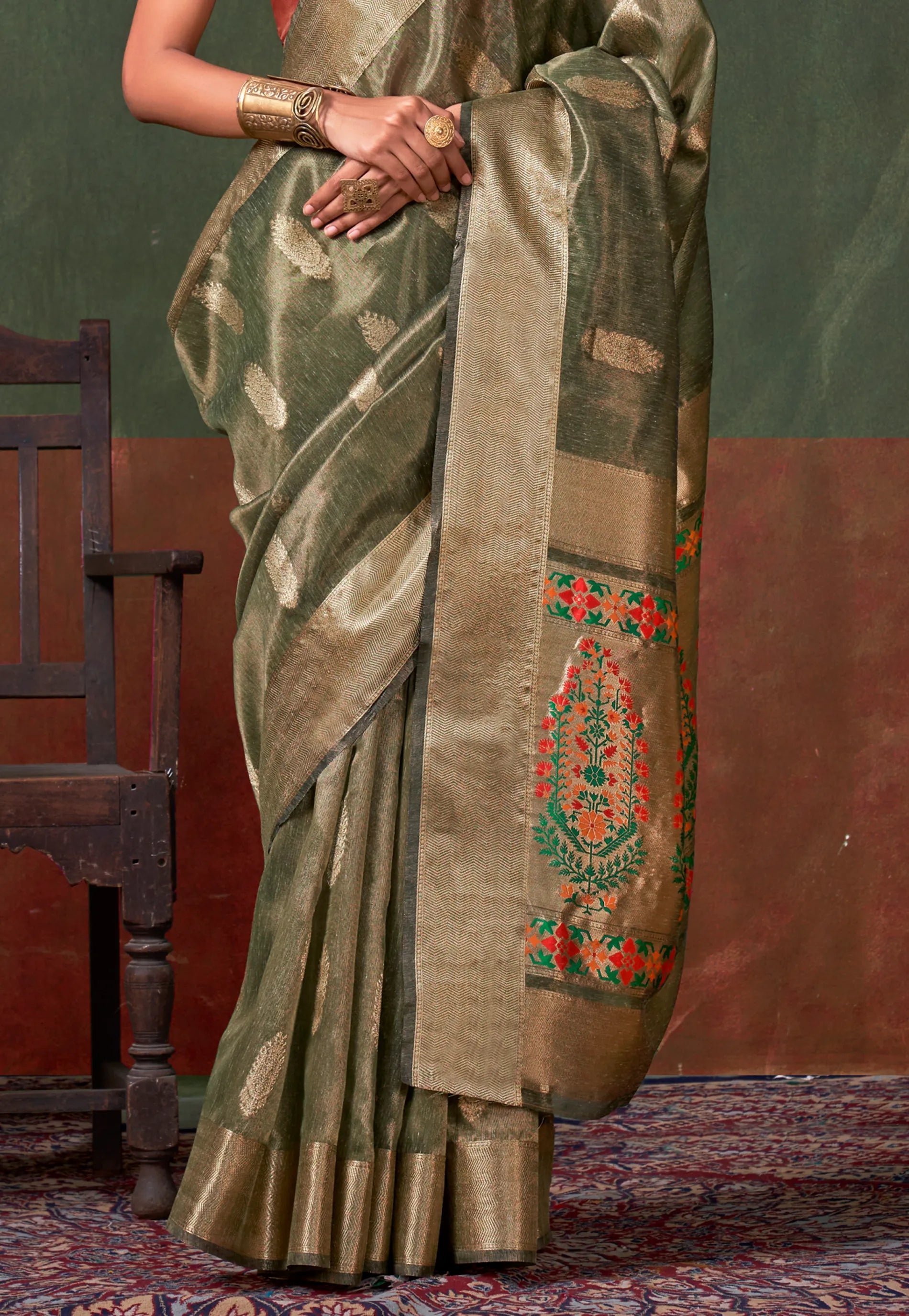 Pista Green Tussar with Zari Tissue Silk Saree with Blouse Piece - Adi Akshoy & Co.