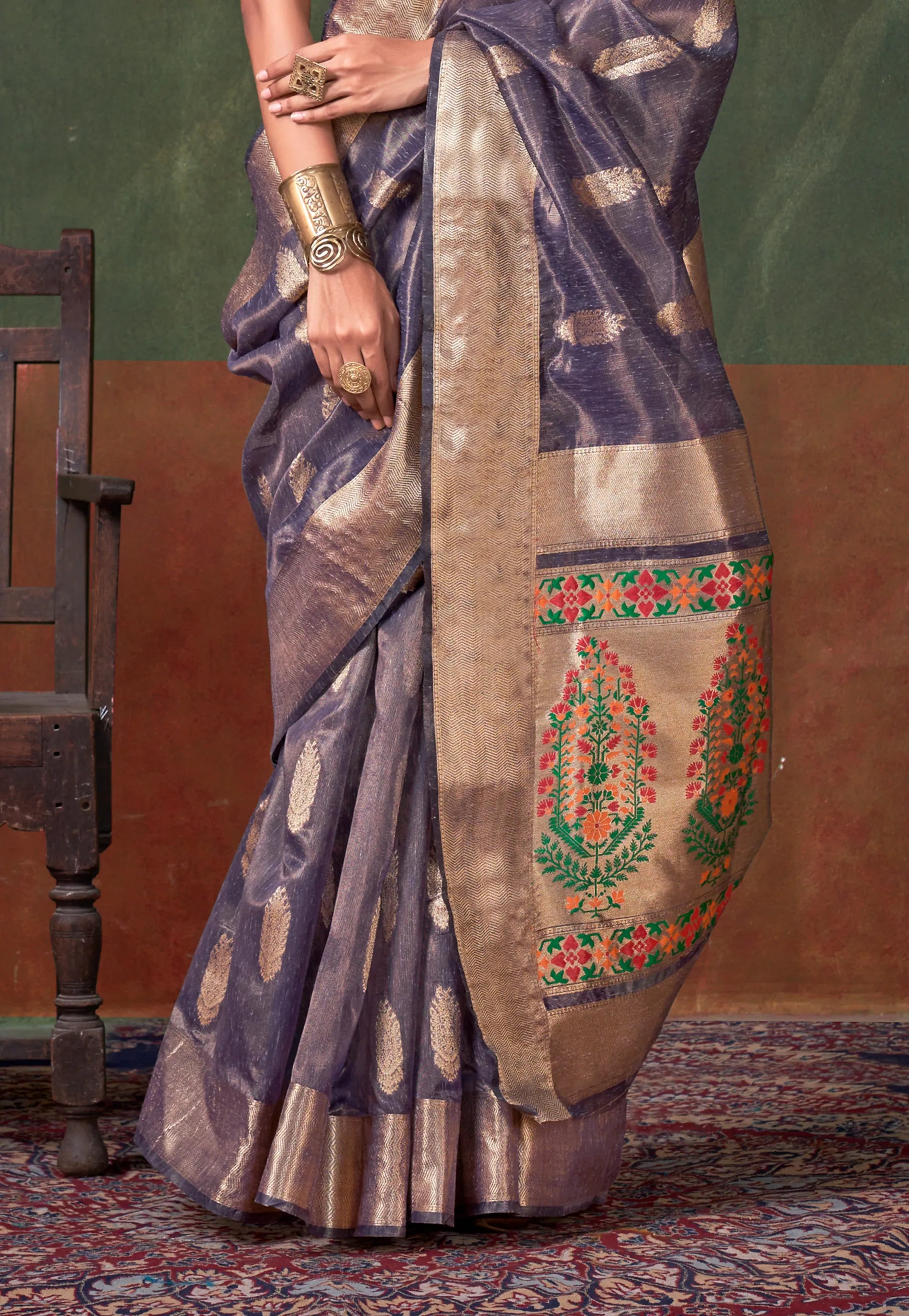 Purple Tussar with Zari Tissue Silk Saree with Blouse Piece - Adi Akshoy & Co.