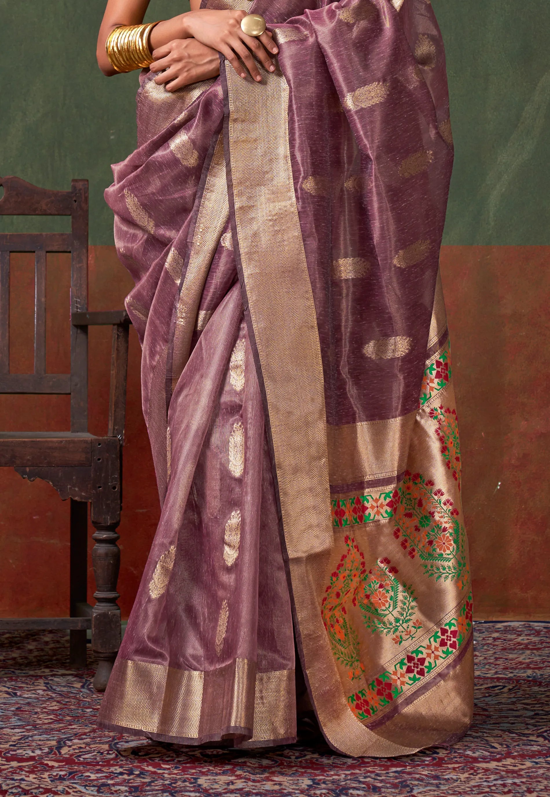 Onion Pink Tussar with Zari Tissue Silk Saree with Blouse Piece - Adi Akshoy & Co.