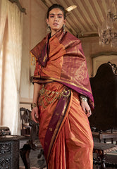Orange with Maroon Border Kanjivaram Silk Saree With Blouse Piece - Adi Akshoy & Co.