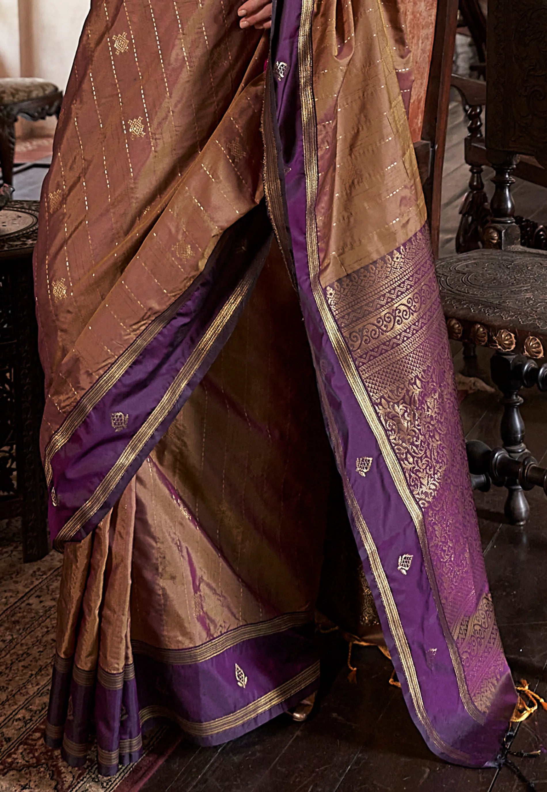 Brown Kanjivaram Silk Saree With Blouse Piece - Adi Akshoy & Co.