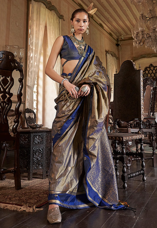 Grey with Blue Border Kanjivaram Silk Saree With Blouse Piece - Adi Akshoy & Co.