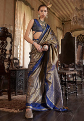 Grey with Blue Border Kanjivaram Silk Saree With Blouse Piece - Adi Akshoy & Co.