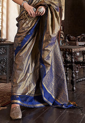 Grey with Blue Border Kanjivaram Silk Saree With Blouse Piece - Adi Akshoy & Co.
