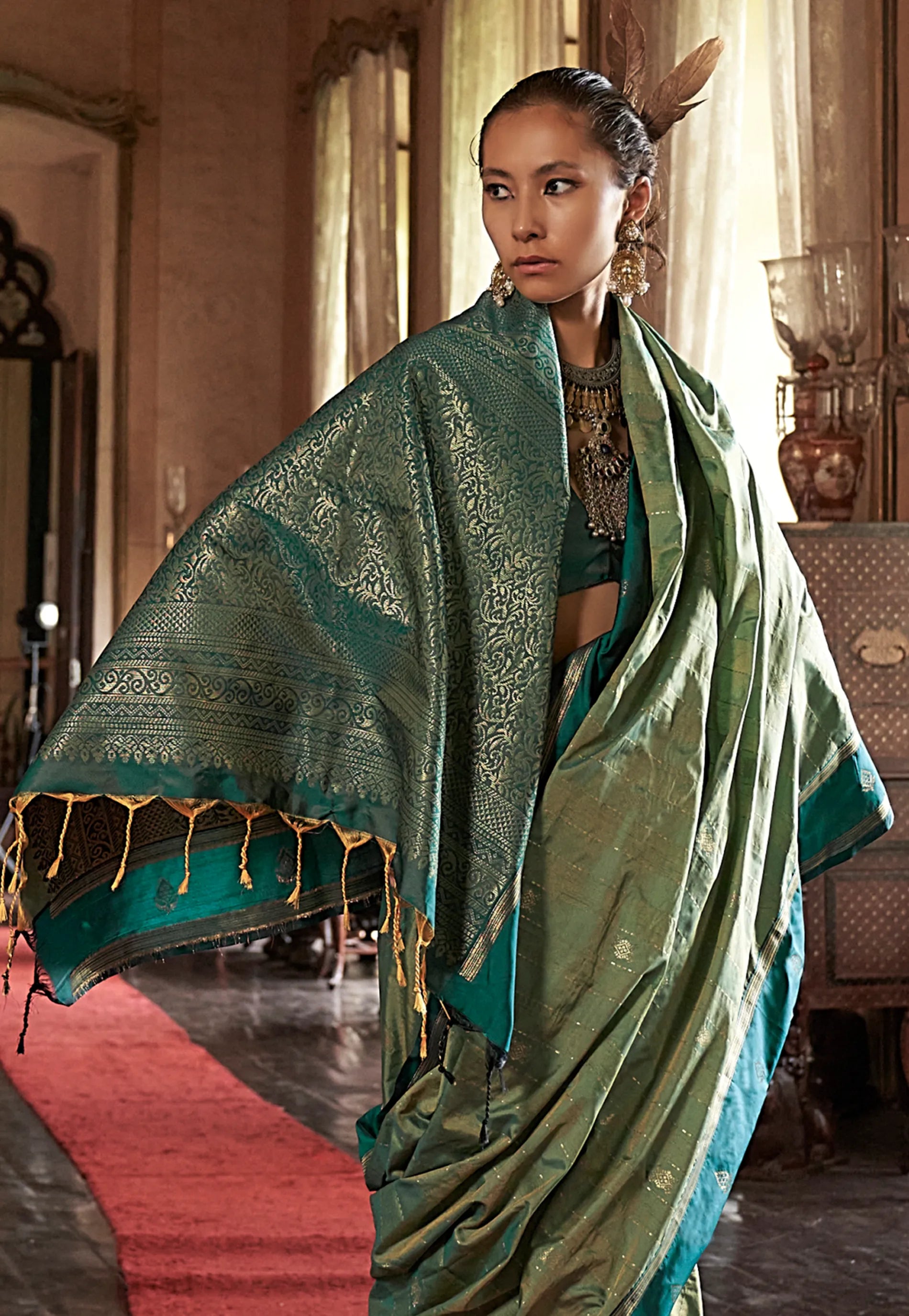 Green Kanjivaram Silk Saree With Blouse Piece - Adi Akshoy & Co.